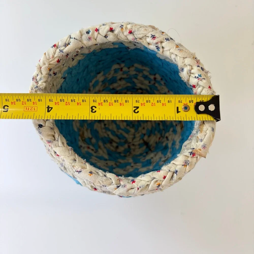 Vintage Hand Braided Fabric Rag Basket Blue Floral Coiled Cotton Storage Bowl